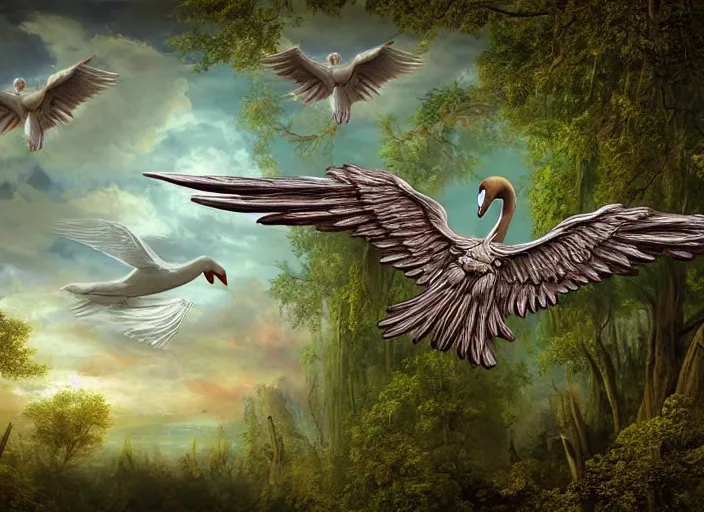 Prompt: a 3 d scene of an angelic apache fighter jet with swan wings with ornate rococo patterns flying over an enchanted forest, solarpunk, fantasy art