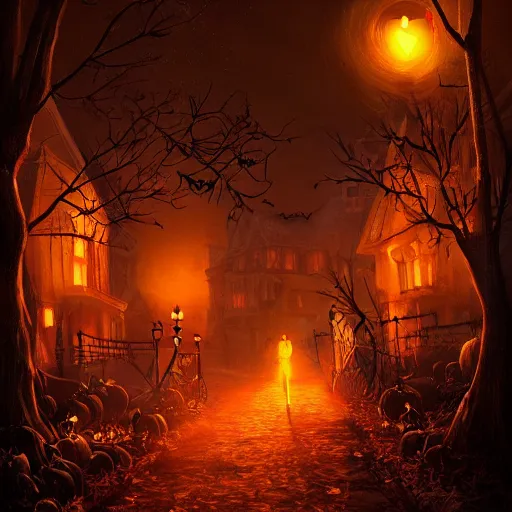 Image similar to a creepy and eery Halloween setting, with Jack o lanterns on the street and shadow figures lurking about, dynamic lighting, photorealistic fantasy concept art, stunning visuals, creative, cinematic, ultra detailed, trending on art station, spooky vibe