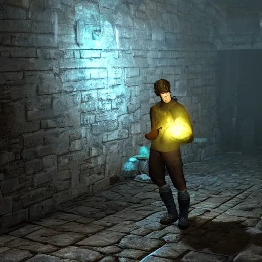 Prompt: a man holds a torch and explores a Dungeon, luminous,Screenshot from a videogame