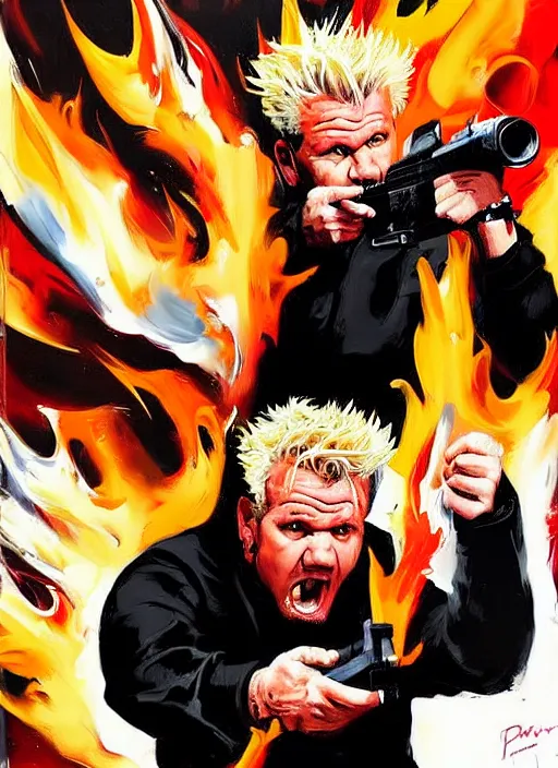 Image similar to gordon ramsay shooting guy fieri, shooting, muzzle flash, enraged, painting by phil hale, 'action lines'!!!, graphic style, visible brushstrokes, motion blur, blurry