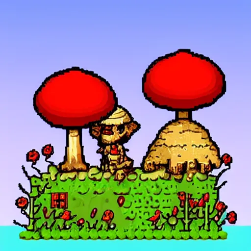 Prompt: amanita muscaria playing tibia video game