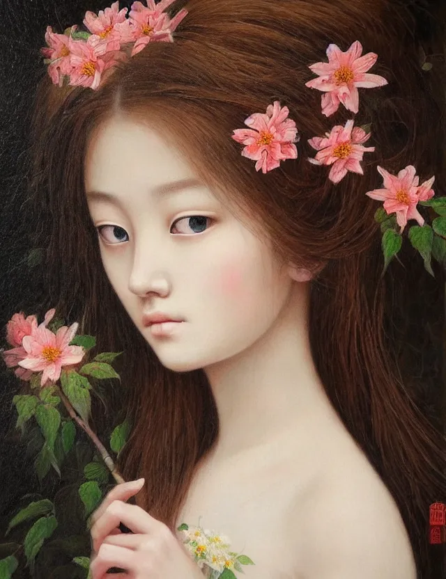 Image similar to flower girl, wonderful eyes, her loose hair, delicate, intricate details, a real masterpiece, oil on canvas, author li zhang