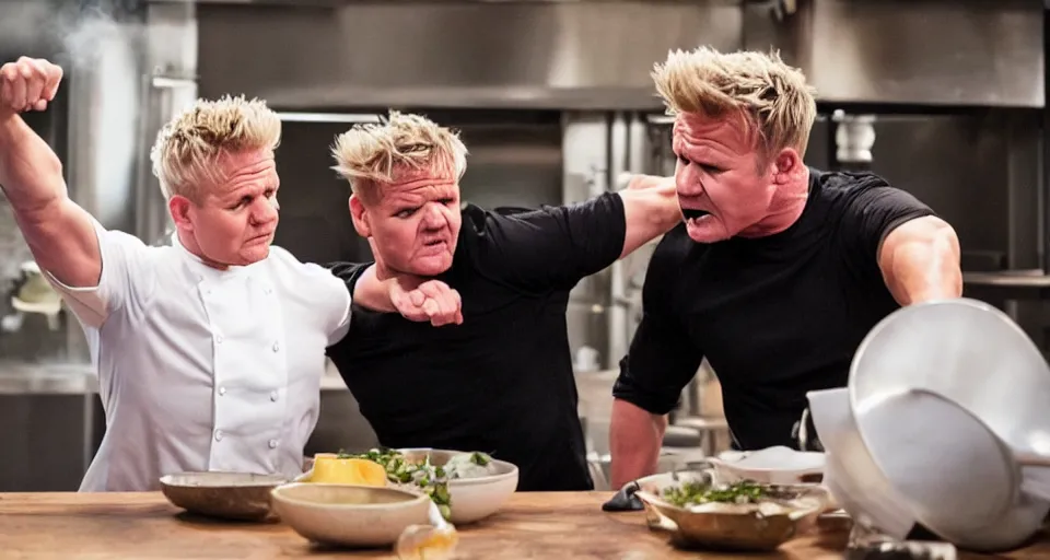 Image similar to photo of angry furious Gordon Ramsay punching Gordon Ramsay at the kitchen