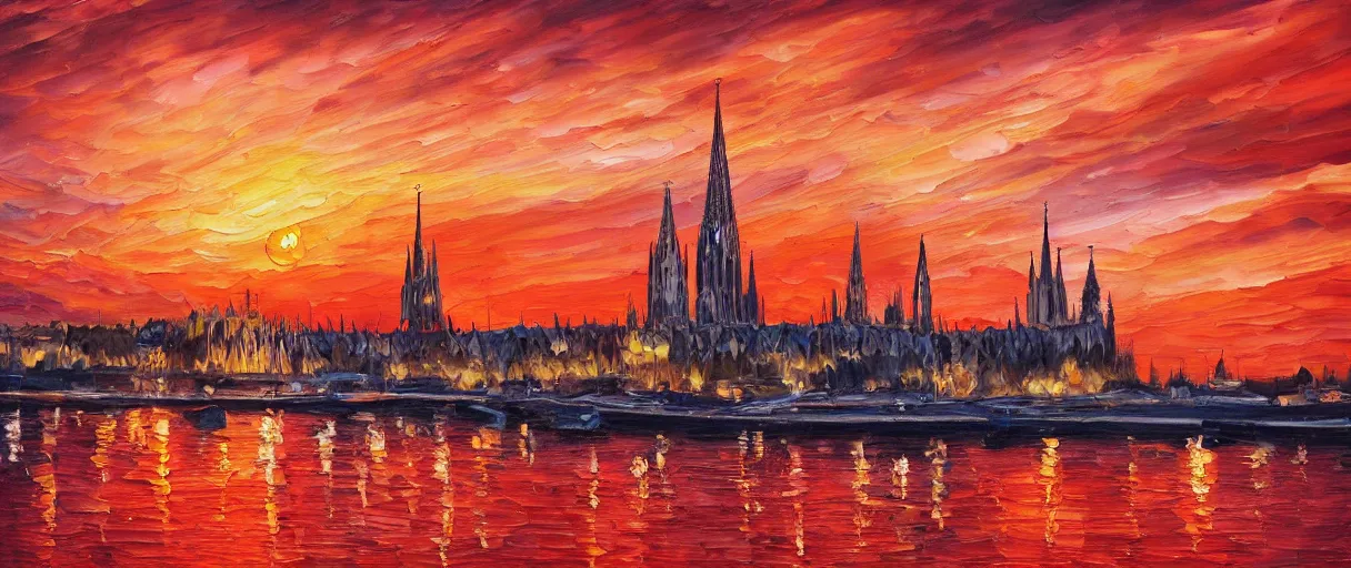 Image similar to burning oil painting of cologne, sunset, red color palette, high details, 4 k