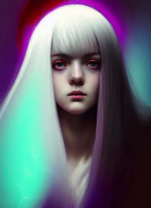 Image similar to hair whitebangs hair, black hair, whitebangs, portrait of teenage girl with white bangs, red irises, purple clothes, white bangs, bangs are different color from hair, intricate, elegant, glowing lights, highly detailed, digital painting, artstation, concept art, smooth, sharp focus, illustration, art by wlop, mars ravelo and greg rutkowski