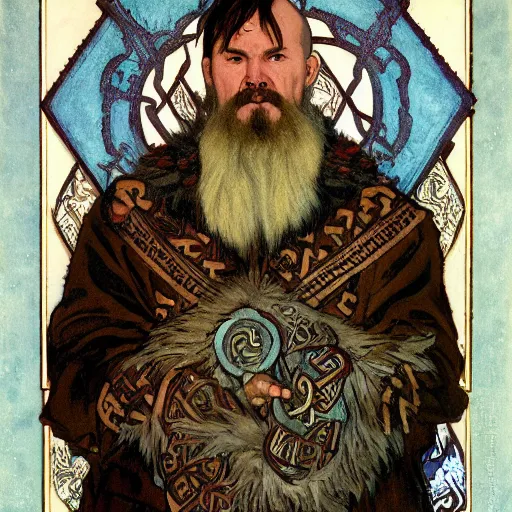 Image similar to portrait of man with knotwork runic facial tattoos, bald, middle-aged Slavic Viking priest wearing thick fur collar and vestments, and standing tall in the blizzard, with fading blue woad tattoos on forehead, head, and cheeks, portrait by Anato Finnstark, Alphonse Mucha, and Greg Rutkowski