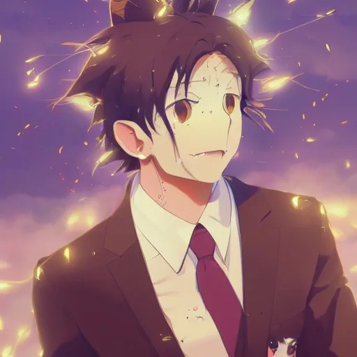 Image similar to a lion wearing a business suit, illustration concept art anime key visual trending pixiv fanbox by wlop and greg rutkowski and makoto shinkai and studio ghibli and kyoto animation symmetrical facial features