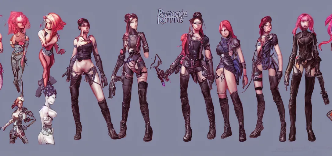 Image similar to character sheet concept art of female video game characters, renaissance, futurepunk, bright, parkour, rebel, by marc brunet and artgerm