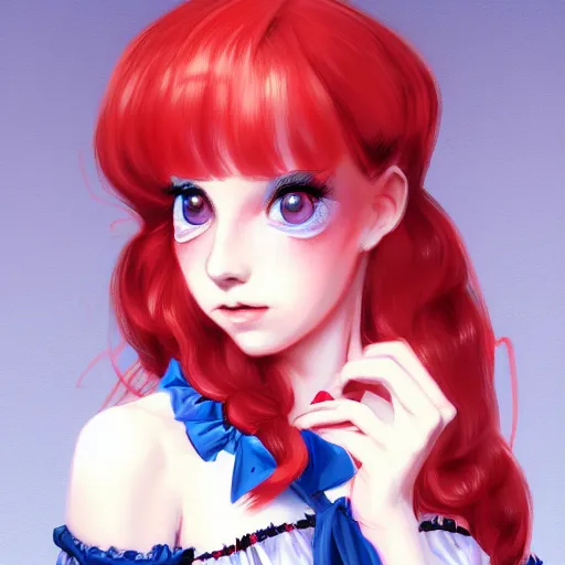 Prompt: a girl wearing lolita clothes, red hair, blue eyes, highly detailed, digital painting, artstation, concept art, smooth, sharp focus, illustration