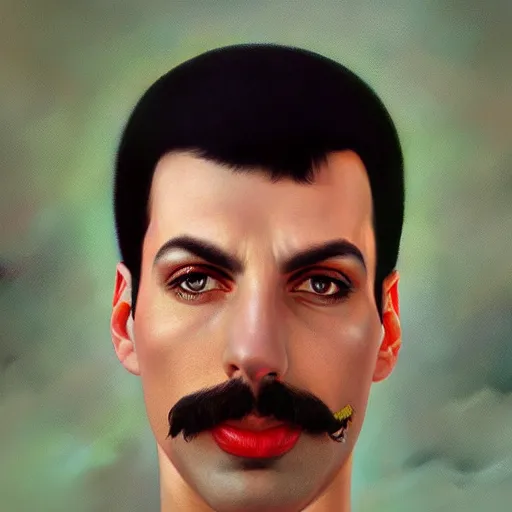 Image similar to of an ultradetailed beautiful portrait panting of freddie mercury, front view, oil painting, by ilya kuvshinov, greg rutkowski and makoto shinkai