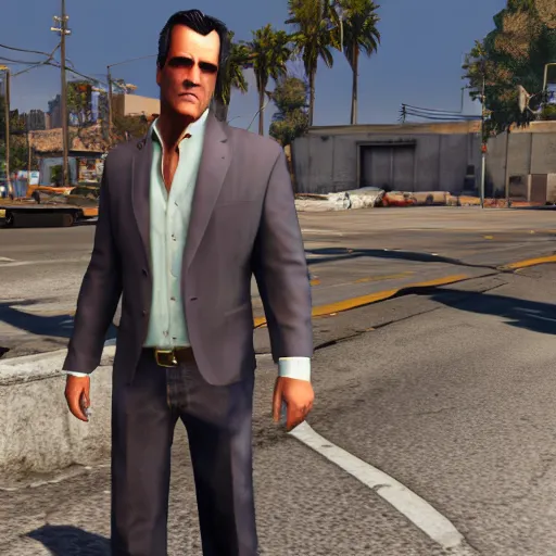 Prompt: a screenshot of bruce campbell in gta 5. 3 d rendering. unreal engine. amazing likeness. very detailed. cartoon caricature