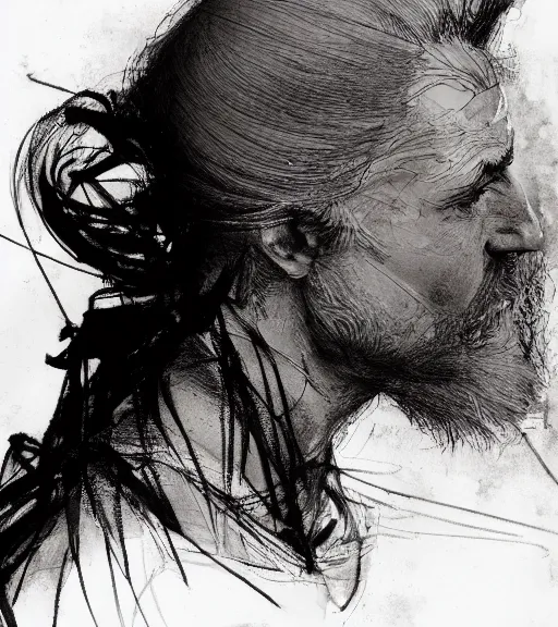 Image similar to portrait of shaven man with blond ponytail hair up wearing black robes, pen and ink, intricate line drawings, by craig mullins, ruan jia, kentaro miura, greg rutkowski, loundraw