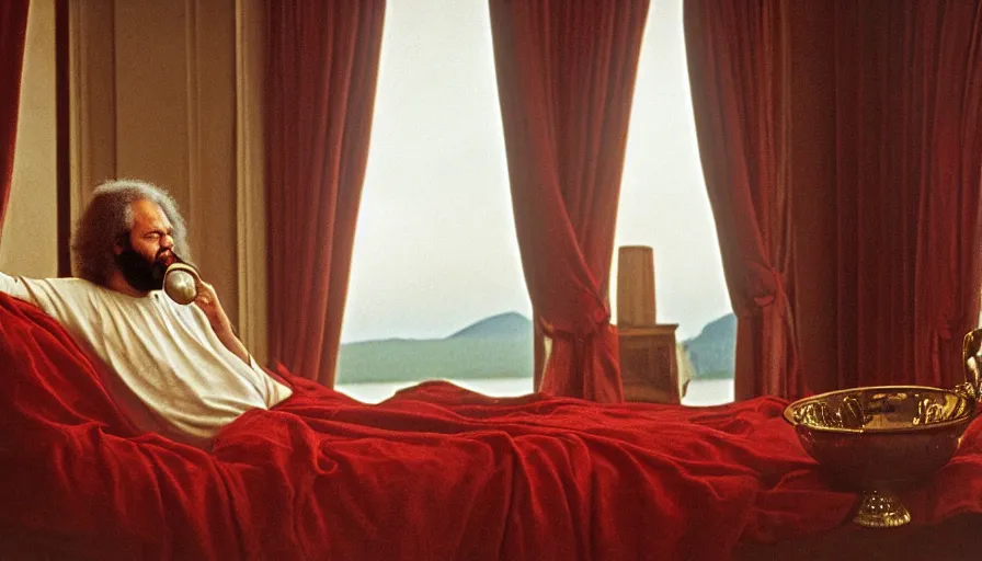 Prompt: 1 9 7 0 s movie still of socrates drinking hemlock in a bowl in a bed with red drapery in a neoclassical room with columns next to a lake, cinestill 8 0 0 t 3 5 mm eastmancolor, high quality, heavy grain, high detail, cinematic composition, dramatic light, anamorphic, ultra wide lens, hyperrealistic