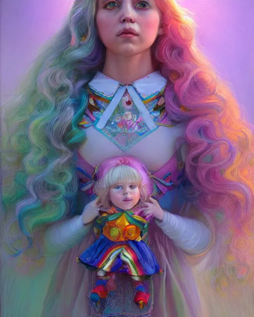 Image similar to doll rainbow brite portrait | highly detailed | very intricate | symmetrical | whimsical and magical | soft cinematic lighting | award - winning | closeup portrait | painted by donato giancola and mandy jurgens and charlie bowater | pastel color palette | featured on artstation