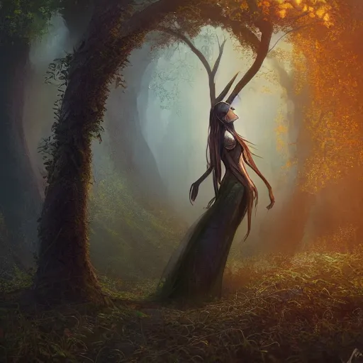 Image similar to cinematic painting, portrait of a dryad, inspired by brian froud, inspired by dungeons and dragons, fey, mysterious, in an evening autumn forest, trending on art station, cinematic sunset evening lighting, ominous shadows by jessica rossier