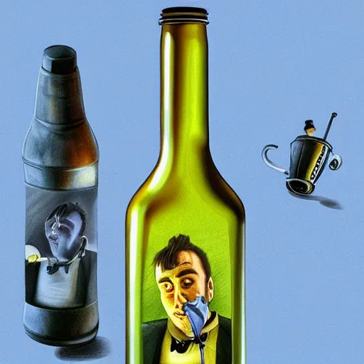 Image similar to Drinking from bottle Nicolas Cage in liquid form, Surrealism, Surreal drawing, Digital art, from artstation, art by Salvador Dali