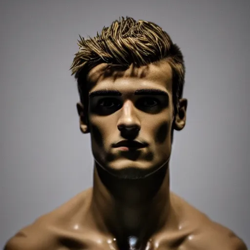 Image similar to “ a realistic detailed photo of a guy who is an attractive humanoid who is half robot and half humanoid, who is a male android, soccer player antoine griezmann, shiny skin, posing like a statue, blank stare, at the museum, on display ”