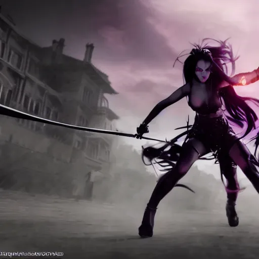 Image similar to ultra realistic, hyper realistic gorgeous goth psylocke fighting army of demons with a samurai sword, physical based render, cinematography, octane, photorealistic, gorgeous, symmetrical, unreal engine