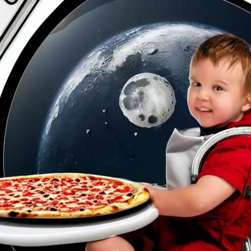 Image similar to an astronaut eating pizza in space with the moon in the background