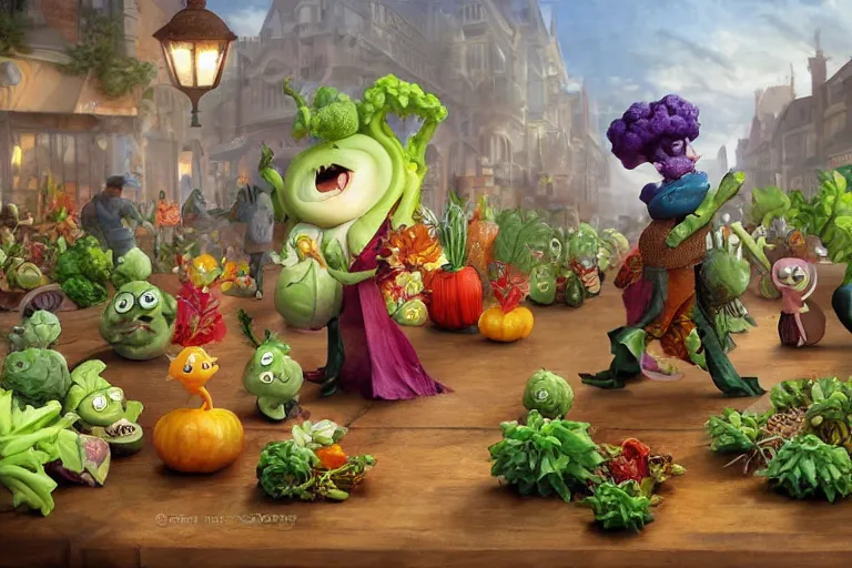 Prompt: miniature vegetable creatures parade on a cutting board. big chef in a kitchen in the background. digital art, realistic, pixar style, highly detailed, cinematic, matte painting, vivid colors, realistic, epic, low angle, lighting, by greg rutkowski and artgerm and alphonse mucha