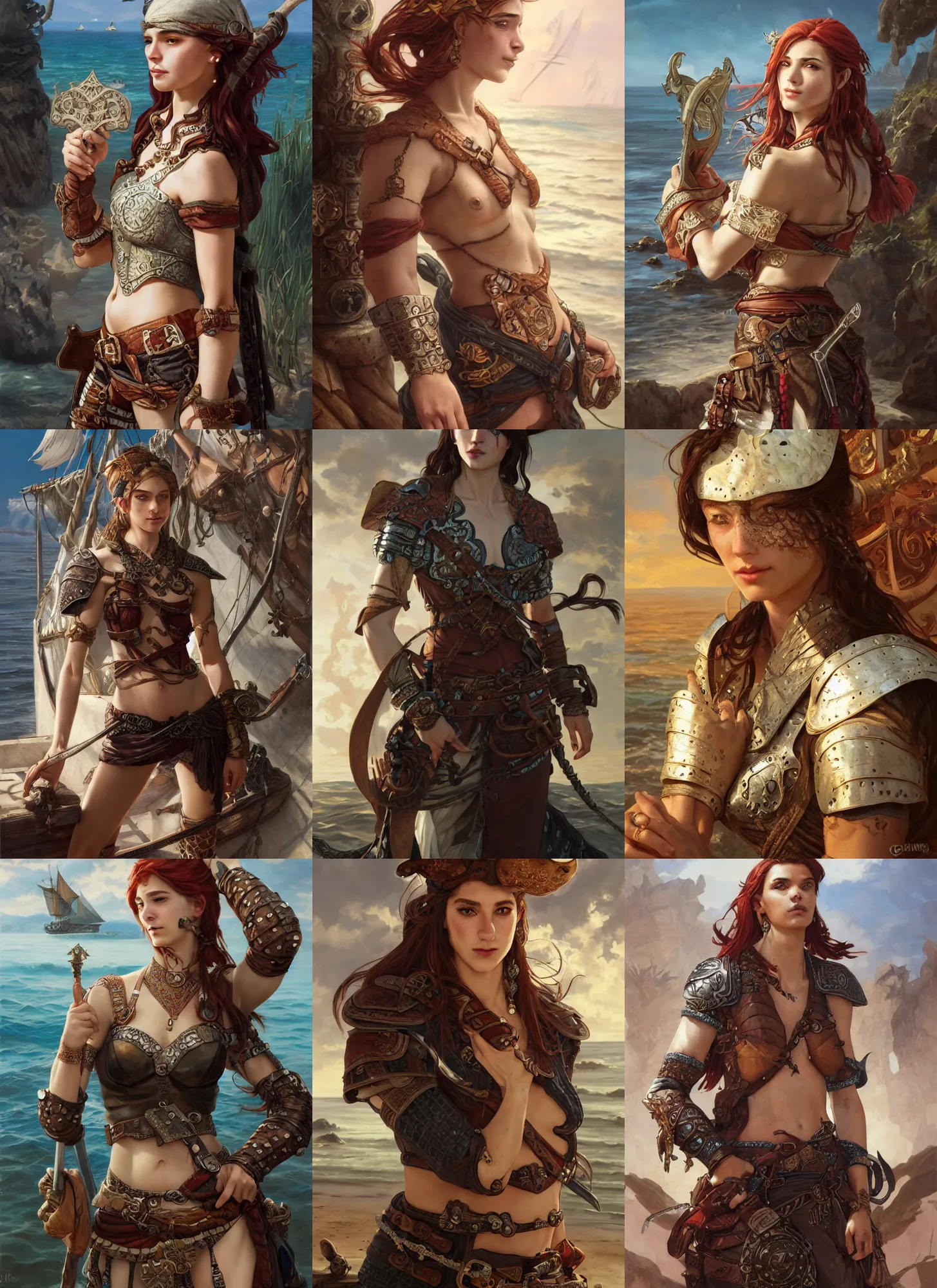 Prompt: freckled mediterranean pirate, seaside backgroud, face of anxiety and longing, leather bracers, leather armor, young adult fantasy novel cover, intricate, elegant, well composed, highly detailed, art by chengwei pan and viktoria gavrilenko and artgerm and greg rutkowski and alphonse mucha, trending on artstation