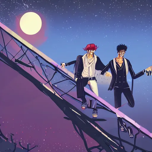 Image similar to two young men, one man human, one man vampire, night, on a birdge, detailed, intricate, aesthetic, artistic, 8 k resolution in the style of one piece