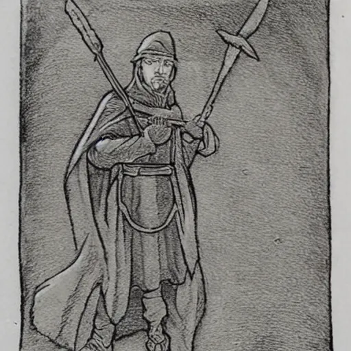 Image similar to Robin Hood stamp in medieval style, ink outline, charcoal on paper, ex libris