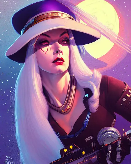 Prompt: ashe from overwatch, white hair, space cowgirl, character portrait, portrait, close up, concept art, intricate details, highly detailed, vintage sci - fi poster, retro future, in the style of chris foss, rodger dean, moebius, michael whelan, and gustave dore