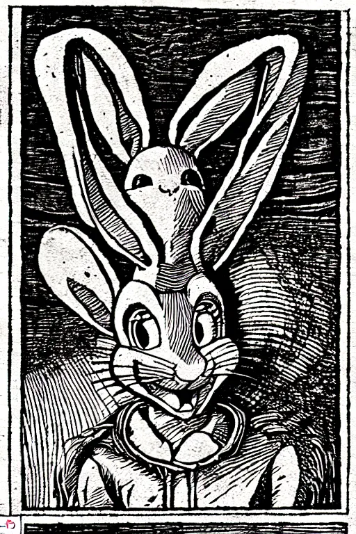 Image similar to bugs bunny of the apocalypse, pen and ink illustration / renaissance woodcut by albrecht durer 1 4 9 6, 1 2 0 0 dpi scan, ultrasharp detail, hq scan, intricate details, stylized border
