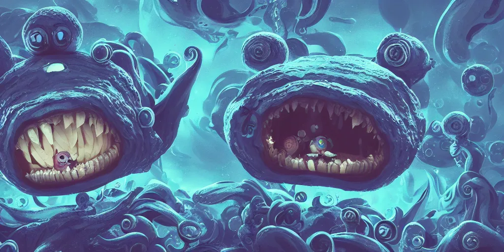 Image similar to of an intricate deep sea with strange cute friendly happy creatures with huge eyes, long tongue, round teeth and goofy funny face, appearing from the background, in the style of gehry and gaudi, macro lens, shallow depth of field, ultra detailed, digital painting, trending artstation, concept art, illustration, cinematic lighting, photorealism, epic, octane render