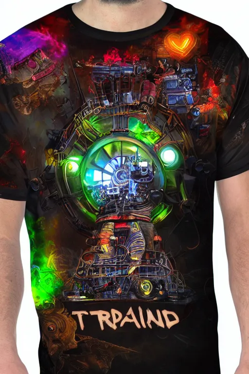 Image similar to a band shirt, printed tshirt with bandname is tripmachine, tourname is invasion of the tripmachines, realistic digital art, 3 d render of a huge futuristic steampunk generator, 8 k, fluorescent colors, halluzinogenic, multicolored, exaggerated detailed, unreal engine