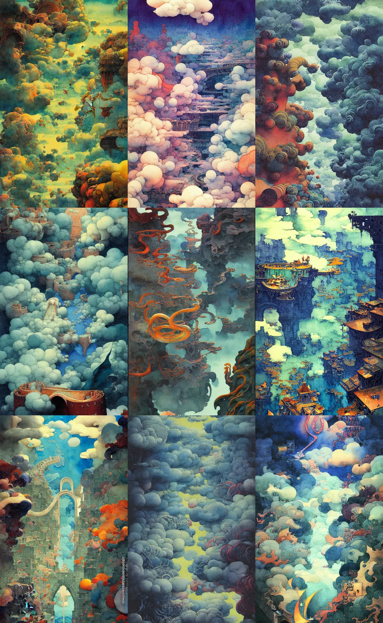 Prompt: dixit card!!!!, twisted waterway, aqueducts, dark fantasy. intricate, amazing composition, colorful watercolor, by ruan jia, by maxfield parrish, by shaun tan, by yoshitomo nara, by m. c. escher, illustration, dream, clouds