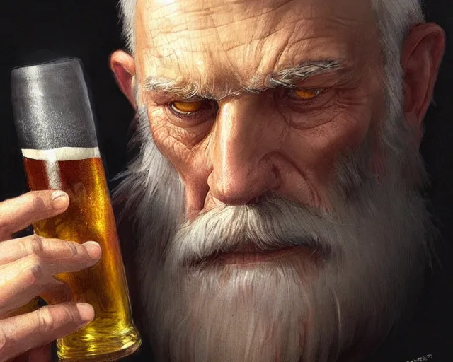 Image similar to detailed vision of an old man frowning as he drinks a beer, deep focus, d & d, fantasy, intricate, elegant, highly detailed, digital painting, artstation, concept art, matte, sharp focus, illustration, hearthstone, art by artgerm and greg rutkowski and alphonse mucha