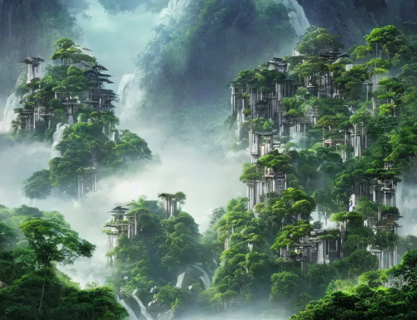 Prompt: a cinematic widescreen photo of cyberpunk japanese cloud temples on a terraced mountain in a misty bamboo cloud forest with colossal waterfalls at dawn by studio ghibli and roger dean, terraced, mystical, gardens by the bay