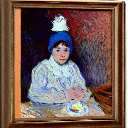 Image similar to a girl with a white headkerchief sitting alone on a birthday table looking sad by monet