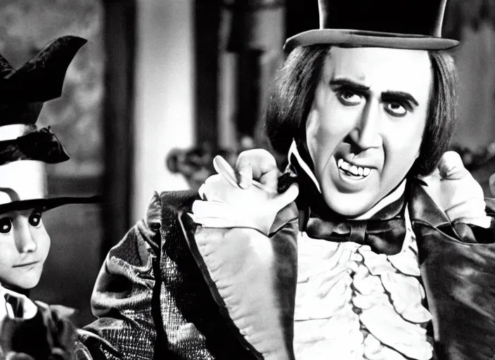 Prompt: film still of Nicolas Cage as Willy Wonka in Willy Wonka and the Chocolate Factory 1971