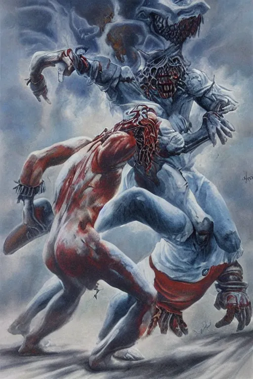 Prompt: the undead football player fights an ancient god, concept art by boris vallejo and michael whelan