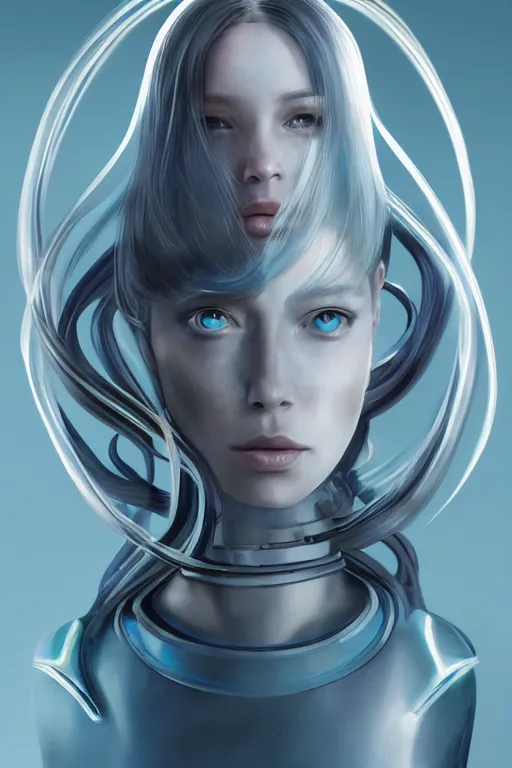 Image similar to a beautiful half body image of a futuristic android with body made of translucent plastic, long hair made of colored cellophane with mechanical internal parts, symmetrical and realistic proportions by Irakli Nadar, tom bagshaw, Charlie Bowater with details by Jason Felix, furio tedeschi, face by ilya kuvshinov, artgerm, cinematic backlit lighting, beauty retouch, elite, photo realistic, octane render, hyper real, ultra detailed, trending on artstation pinterest and deviantart