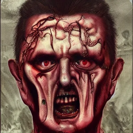 Image similar to igor ivanovich strelkov became an aggressive bloody lovecraftian degenerate abomination, photo - realistic, color image, 2 k, highly detailed, bodyhorror, occult art