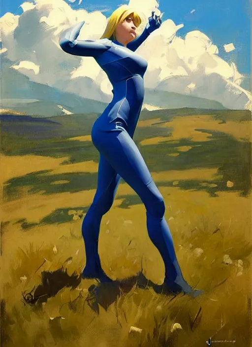 Image similar to Greg Manchess painting of Zero Suit Samus, countryside, calm, fantasy character portrait, dynamic pose, above view, sunny day, thunder clouds in the sky, artwork by Jeremy Lipkin and Giuseppe Dangelico Pino and Michael Garmash and Rob Rey, very coherent asymmetrical artwork, sharp edges, perfect face, simple form, wacky, 100mm