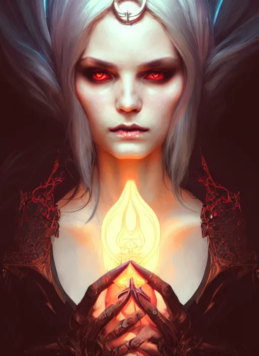 Image similar to Necromancer Sorceress, fantasy magic, undercut hairstyle, dark light night, intricate, elegant, sharp focus, illustration, highly detailed, digital painting, concept art, matte, art by WLOP and Artgerm and Greg Rutkowski and Alphonse Mucha, masterpiece