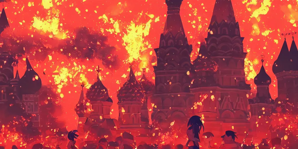 Prompt: high quality picture of burning Red Square in Moscow in flame, rich vivid colors, ambient lighting, dynamic lighting, 4k, HQ, official media, anime key visual, makoto shinkai, ilya kuvshinov, lois van baarle, rossdraws, detailed, trending on artstation