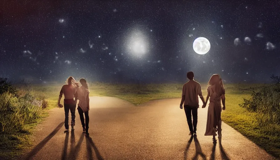 Image similar to happy lovers leaving together in the night, walking towards the full moon, cinematic lighting, wow, establishing shot