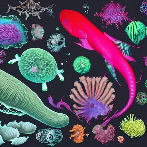 Prompt: deep sea marine creatures in vivid colours as seen through a scanning electron microscope on a dark backgound by leopold blaschka and rudolf blaschka