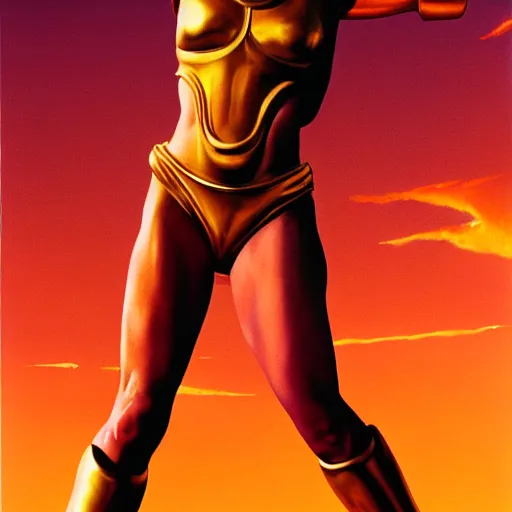 Prompt: Sigourney weaver as goddess Athena, full body, Flying in a Red clouded Sky, by Alex Ross, atmospheric lighting, painted, intricate, golden hour, ultra detailed