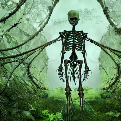 Image similar to a gigantic ethereal godlike skeletal being at the edge of a city, ancient, covered in overgrown leaves and vines and plants, hdr, digital art, dramatic composition