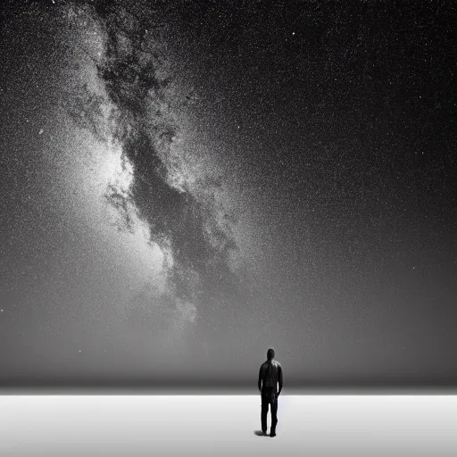 Prompt: a man floating in the blackness of space, stars in the background, wide shot, background, space, minimalist, realistic, b&w, void
