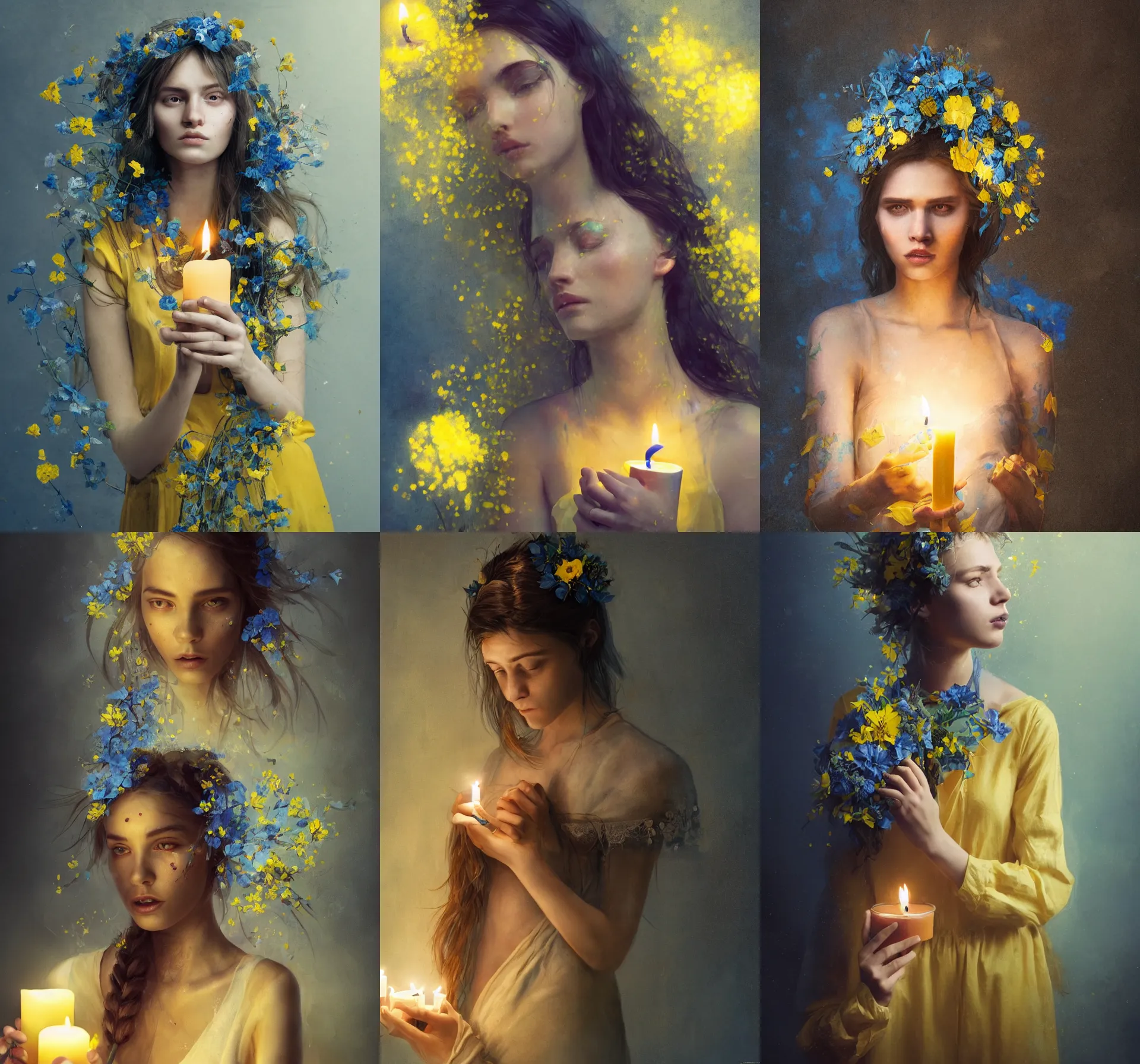 Prompt: A gorgeous young woman with blue-yellow tapes and flowersand in her hair sad crying and a candle in her hand, high detail, styled by Greg Rutkowski, dark background, dramatic lighting