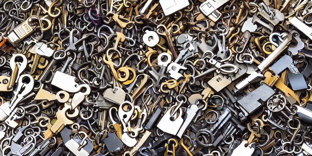 Image similar to heap of many keys of different sizes and styles, unsorted product photo, wallpaper, high detail