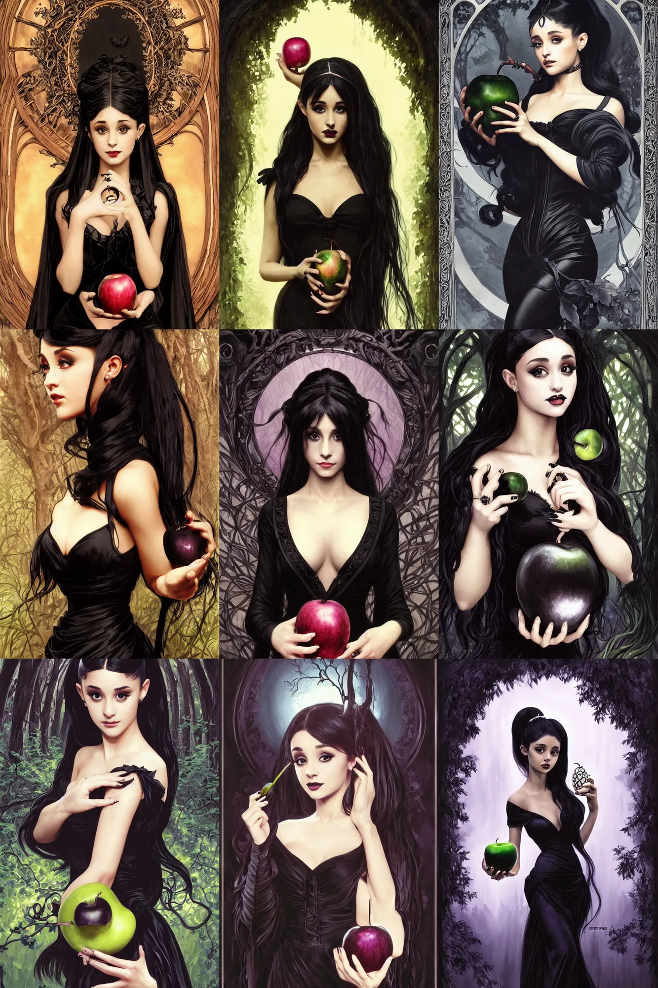 Prompt: beautiful gothic Ariana Grande holding a Black Poison Apple, Black Hair, dark forest, black dress, black background, intricate, elegant, highly detailed, digital painting, artstation, concept art, smooth, sharp, focus, illustration, art by artgerm and greg rutkowski and alphonse mucha